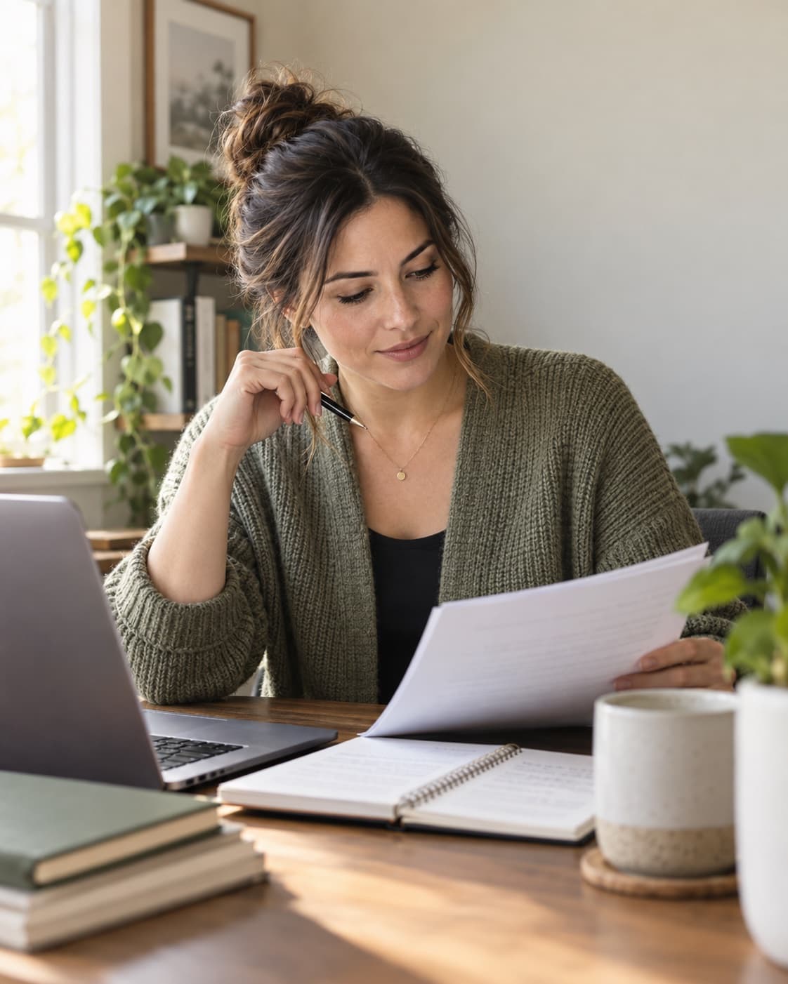 A candidate reviewing study notes beside a laptop at her desk